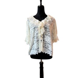 Ultra Pink Womens Cream Floral Lace Ruffle Collar Bell Sleeve Top Large